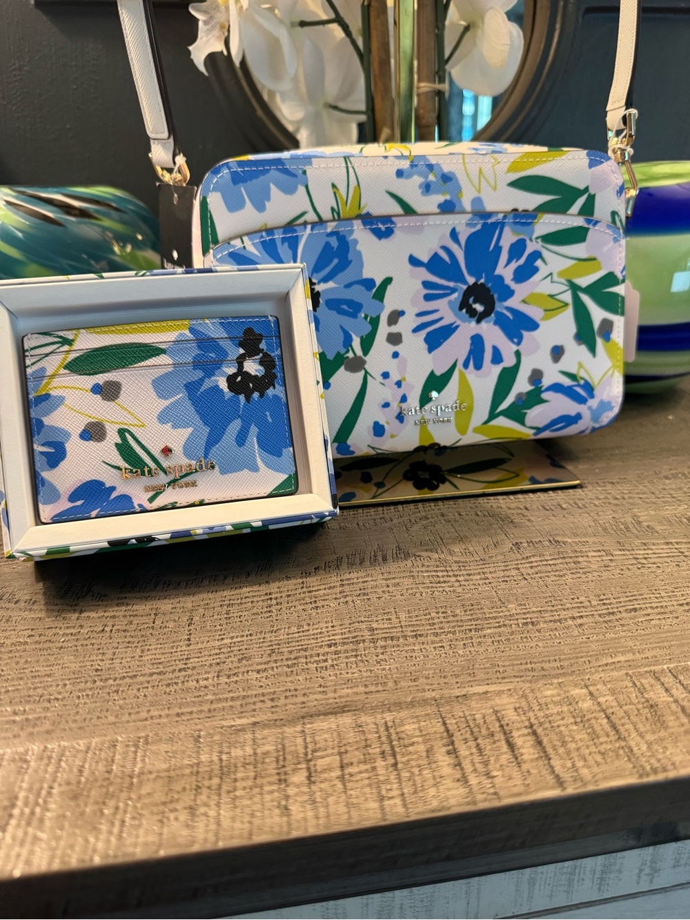 NWT Kate Spade Blue Floral Crossbody Bag and Card Holder comes as SET - Org $428